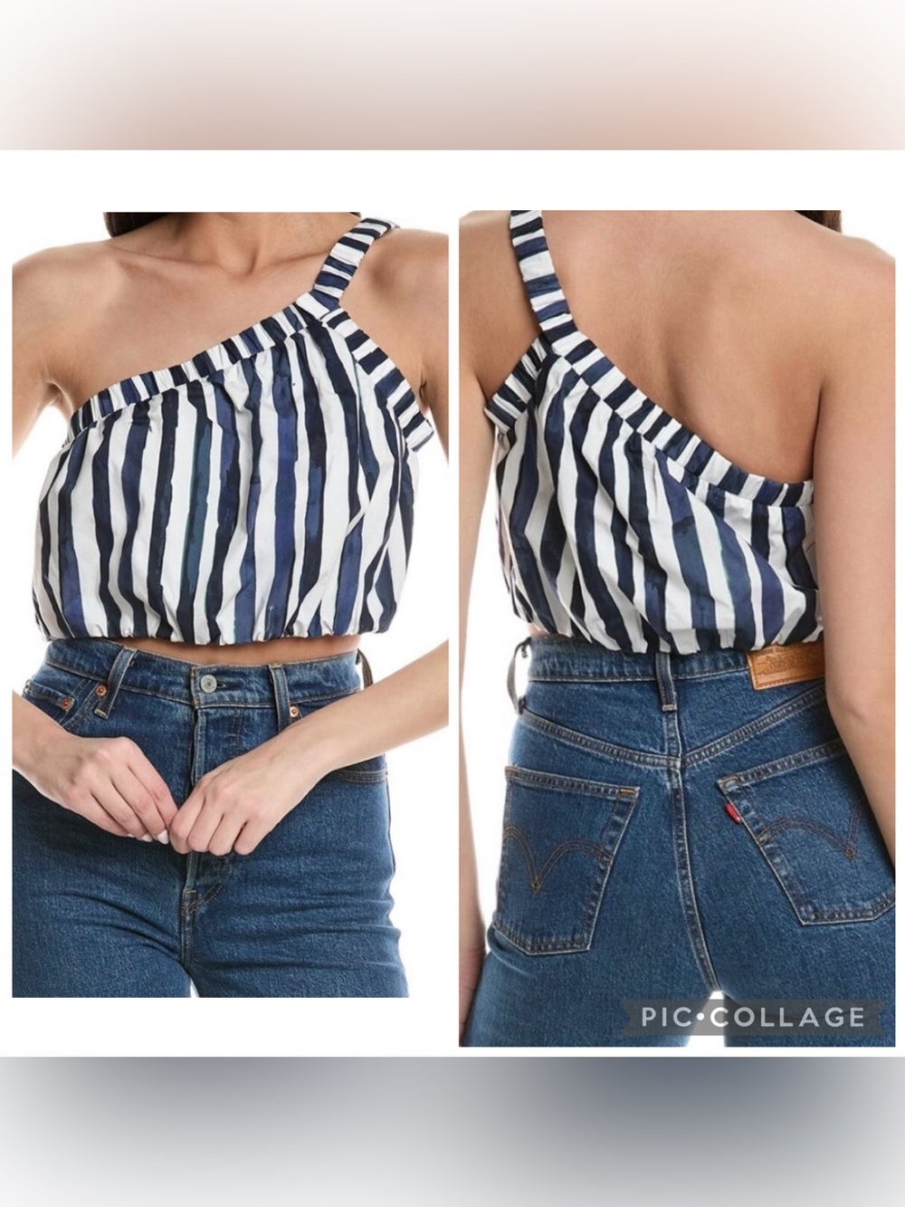 MARIE OLIVER Women’s Blue Ivory Stripe GISELLE One Shoulder Cropped Blouse Sz S